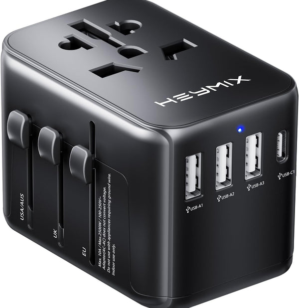 HEYMIX International Travel Adapter 4-Port USB & Type-C All in One European, UK, USA, Bali, India to AUS