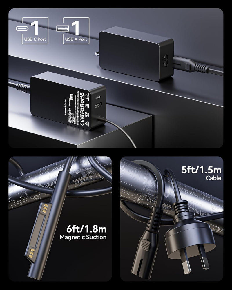 HEYMIX 65W Laptop Charger for Microsoft Surface Pro 9, 8, 7+, 7, 6, 5, 4, 3, X, Power Supply Laptop Charger