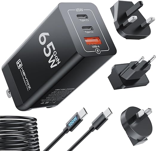 HEYMIX 65W GaN USB-C Charger 2C1A Set, with 100W USB-C Cable & Travel Plugs