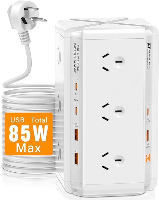 HEYMIX Tower Powerboard, 2400W 12AC Outlets, 3C3A USB Ports Total 85W Output, 1.8m Extension Cord, White/Black