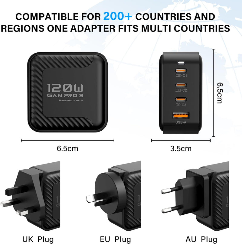 HEYMIX 120W GaN USB-C Charger 3C1A Set, with 100W USB-C Cable & Travel Plugs