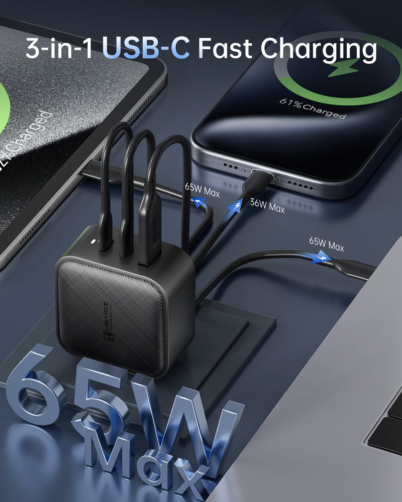 HEYMIX 66W GaN USB-C Fast Charger 2C1A with 100W USB-C Cable & Travel Plug