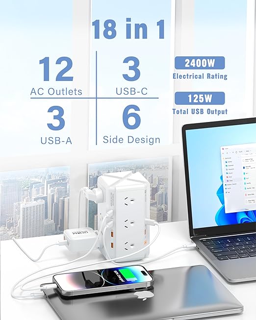 HEYMIX Tower Powerboard, 2400W 12AC Outlets, 3C3A USB Ports Total 125W Output, 1.8m Extension Cord, White/Black