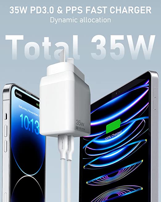 HEYMIX 35W Dual USB-C Fast Charger with 2M  Mfi Lightning & C Cable
