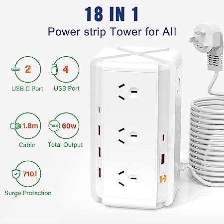 HEYMIX Tower Powerboard, 2400W 12AC Outlets, 2C4A USB Ports Total 60W Output, 1.8m Extension Cord, White/Black