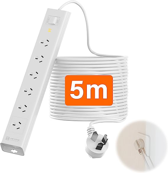 HEYMIX Powerboard, 2400W 6AC Outlets, 5M Extension Cord, White/Black