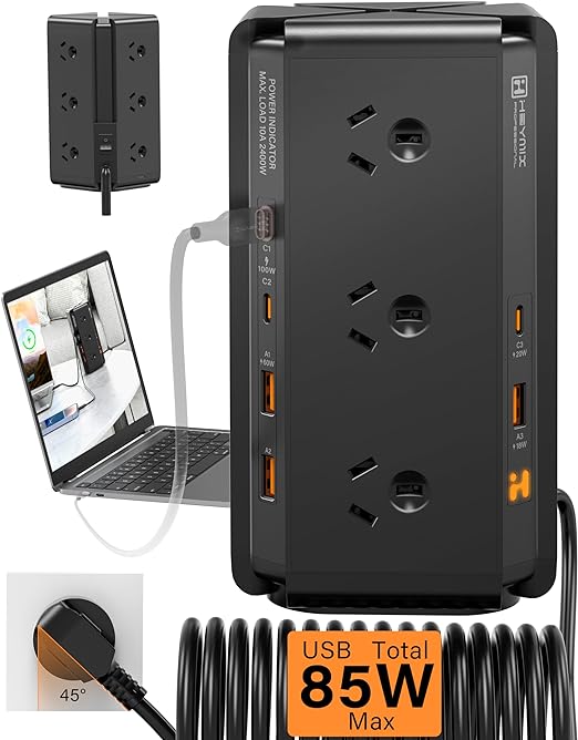 HEYMIX Tower Powerboard, 2400W 12AC Outlets, 3C3A USB Ports Total 85W Output, 1.8m Extension Cord, White/Black