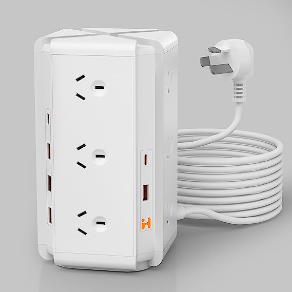 HEYMIX Tower Powerboard, 2400W 12AC Outlets, 2C4A USB Ports Total 24W Output, 1.8m Extension Cord, White/Black