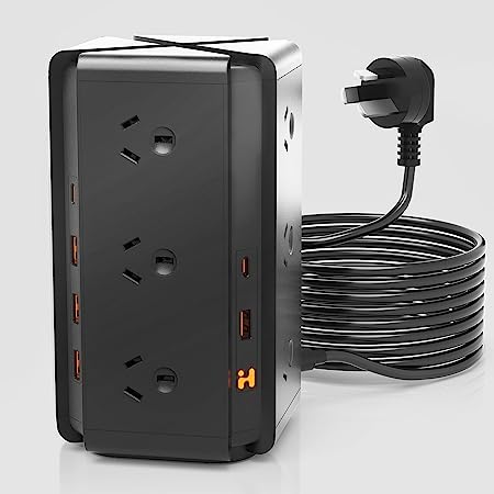 HEYMIX Tower Powerboard, 2400W 12AC Outlets, 2C4A USB Ports Total 24W Output, 1.8m Extension Cord, White/Black