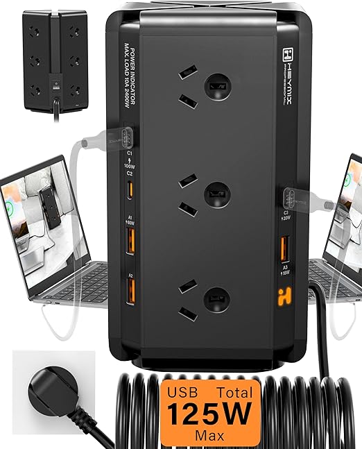 HEYMIX Tower Powerboard, 2400W 12AC Outlets, 3C3A USB Ports Total 125W Output, 1.8m Extension Cord, White/Black