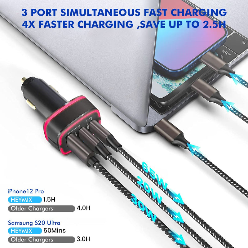 HEYMIX 115W 3-Port USB C Car Charger PD QC PPS with 60W USB C Cable