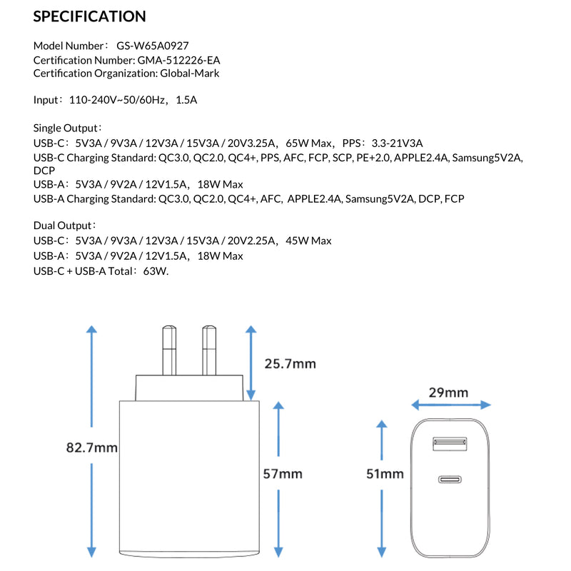 HEYMIX 65W GaN USB-C Charger 1C1A Dual Port AU Plug, SAA Certified