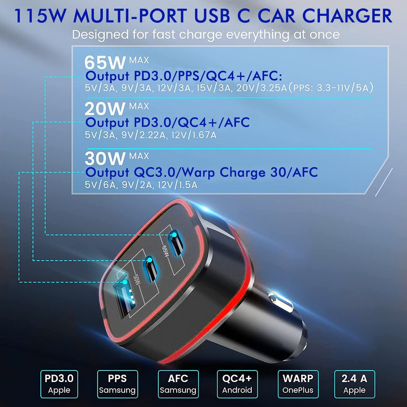 HEYMIX 115W 3-Port USB C Car Charger PD QC PPS with 60W USB C Cable