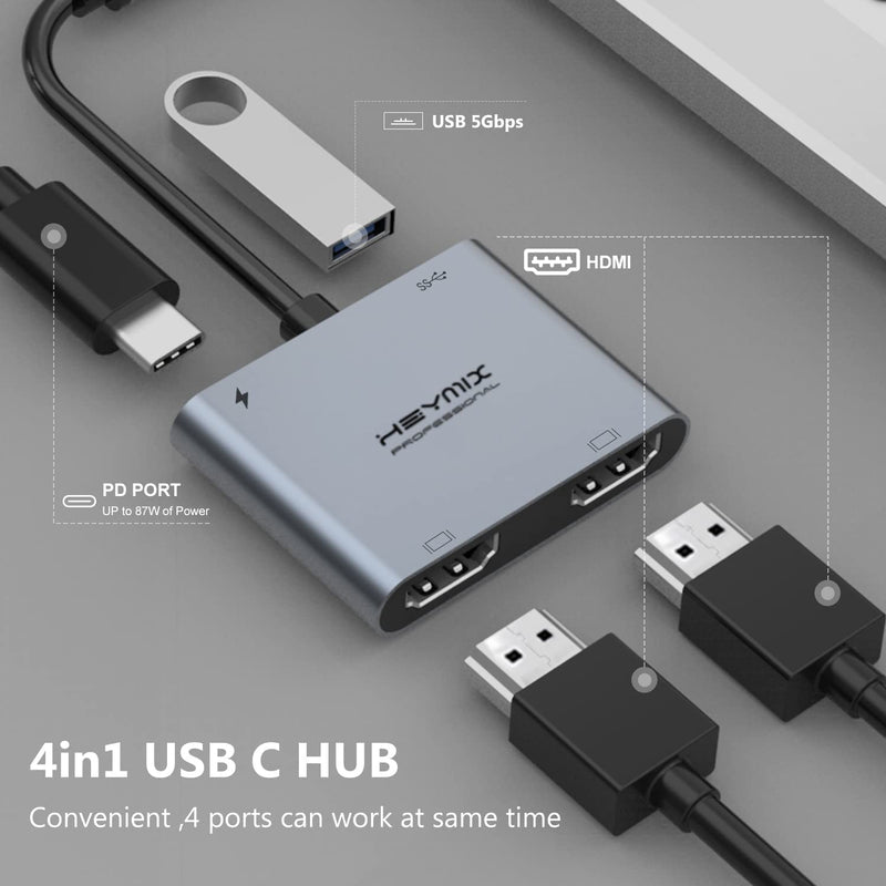 HEYMIX USB C Dual HDMI Hub, 4K30Hz & USB 3.0 Port, 100W Power Deilvery