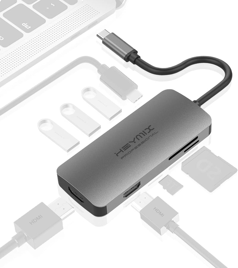 HEYMIX Dual HDMI USB C Hub, 8in1 Type C Hub, 4K30Hz & USB 3.0 Ports, Micro Sd/SD Card Reader