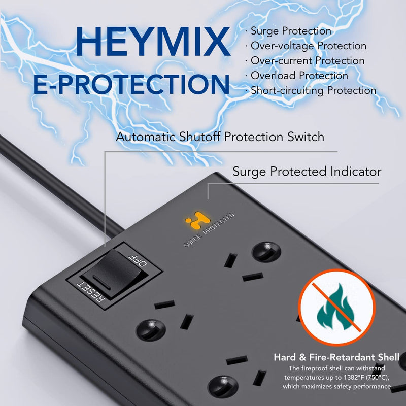 HEYMIX Powerboard, Powerstrip Surge Protector, 2400W 8AC+120W 2C2A, 1.8m Extension Cord