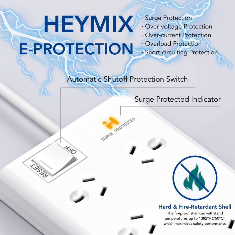 HEYMIX Powerboard, Powerstrip Surge Protector, 2400W 8AC+4.8A 24W 4A, 1.8m Extension Cord