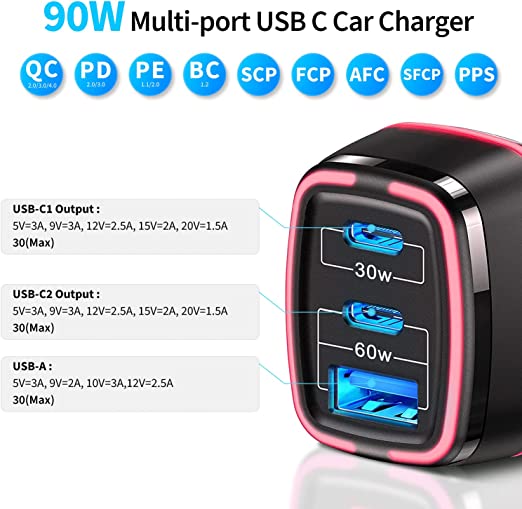 HEYMIX 90W 3-Port USB C Car Charger PD QC PPS Compatible with iPhone, Sumsang