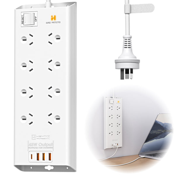 HEYMIX Powerboard, Powerstrip Surge Protector, 2400W 8AC+45W 1C3A, 1.8m Extension Cord