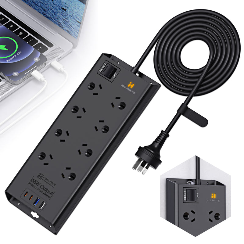 HEYMIX Powerboard, Powerstrip Surge Protector, 2400W 8AC+65W 2C2A, 1.8m Extension Cord